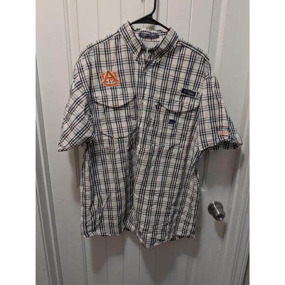 Columbia PFG Super Bonehead Auburn White Plaid Short Sleeve Shirt Mens L SEC - Picture 1 of 9
